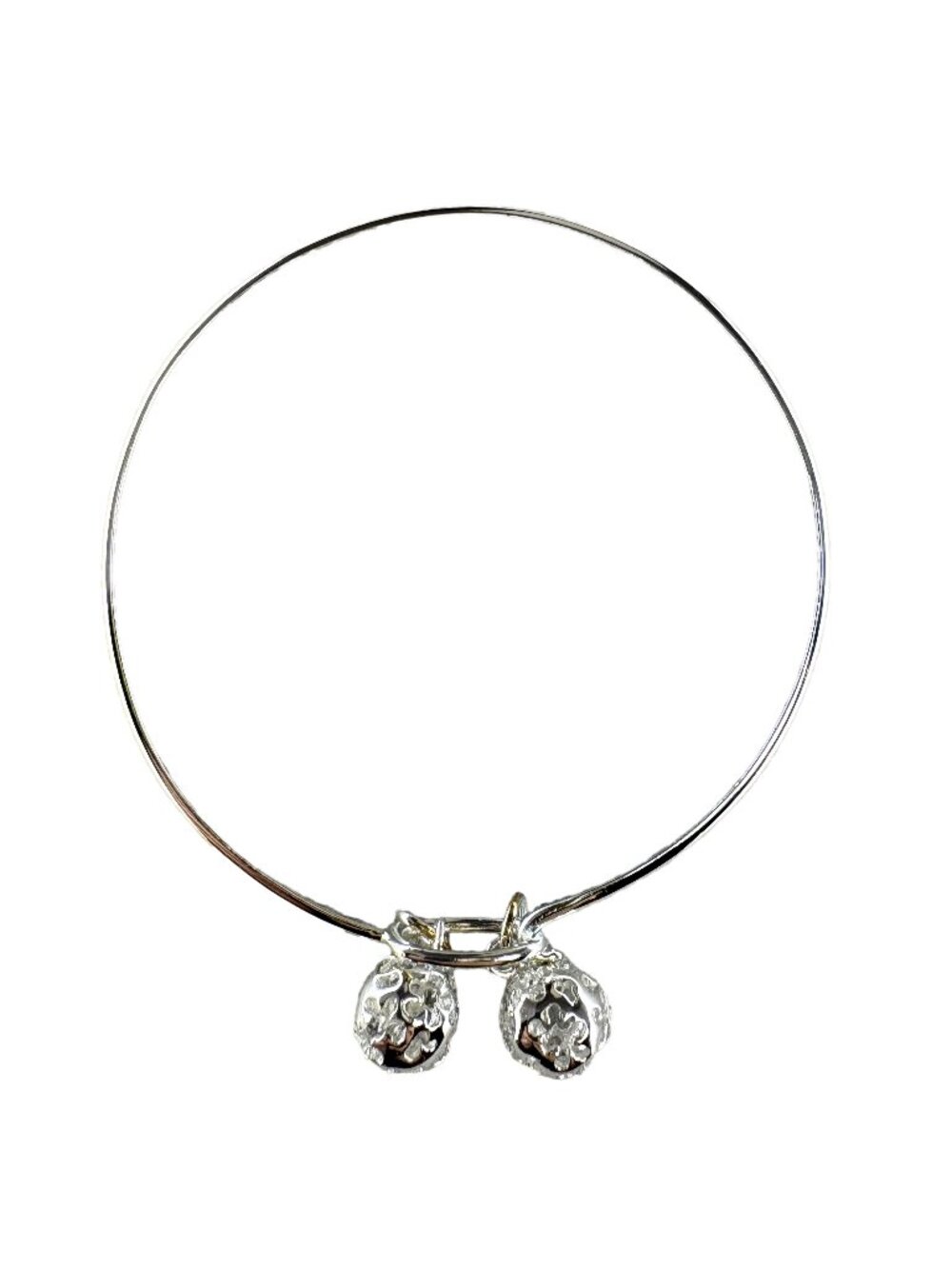 Solid 925 Sterling Silver 3mm Bangle Bracelet w/ Dual Scrolling Bell 6.93g